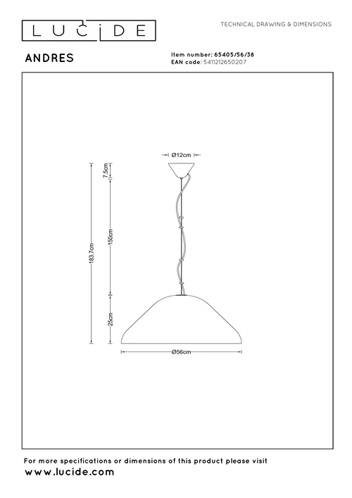 Lucide ANDRES - Suspension - Ø 56 cm - 1xE27 - Crème | Vibes - technique